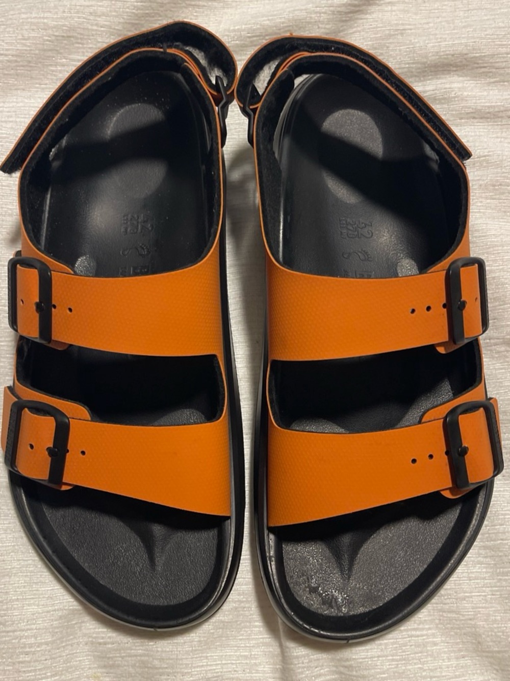 Birkenstock 42s Orange Two-Strap Buckle Sandals with Heel Strap